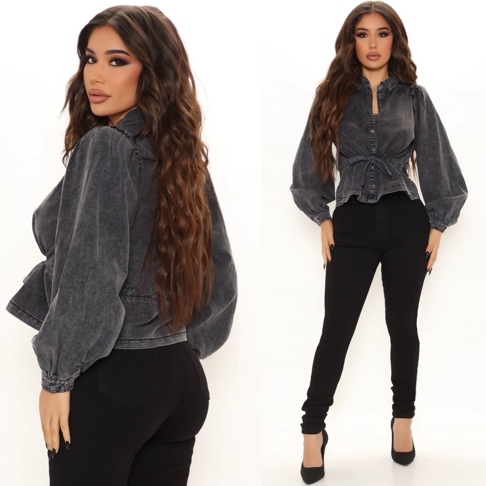 Fashion Nova Karmen Puff Sleeve Blouse in Black Wash Size Large - Picture 2 of 12